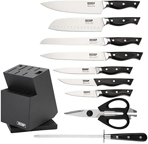 Bıçak Seti, Karcu 15 Parçalı Alman Çelik Bıçak Blok Seti Kalemtıraşlı, Dönen Akasya Bloğu, Siyah