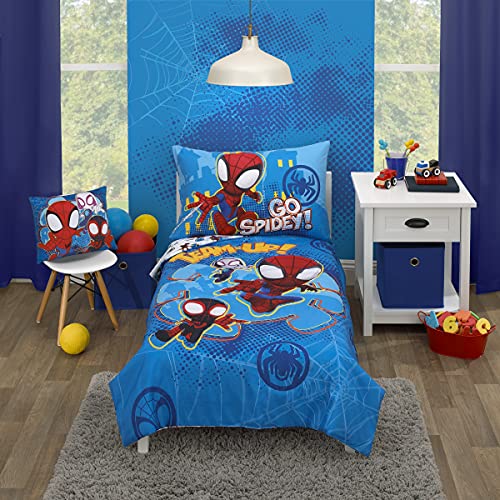 Marvel Spidey ve Muhteşem Arkadaşları Spidey Takımı Kırmızı, Beyaz ve Mavi 4 Parça Bebek Yatak Seti-Yorgan, Gömme Alt Çarşaf,