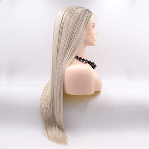 UQueen Uzun Düz Sentetik dantel ön peruk karışık beyaz ve açık sarışın renk ısıya dayanıklı tutkalsız orta kısmı doğal saç