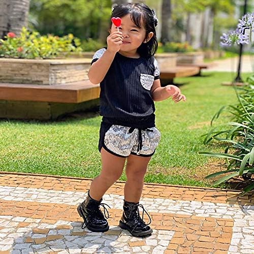 Nıe Cuımeıwan Toddler Bebek Kız Yaz Giysileri Sequins Cep Örme Kısa Kollu T-Shirt + Şort Set Kıyafet 2 Adet