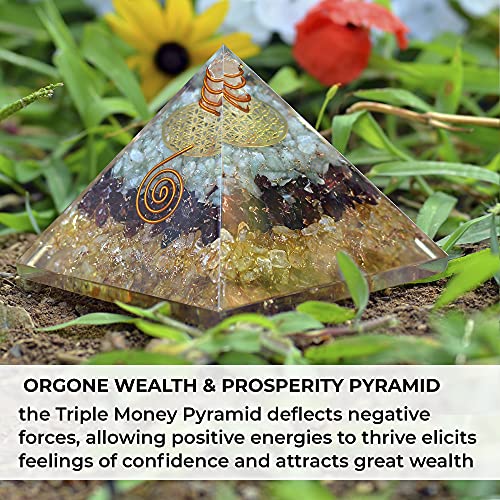 Orgonit Kristal Üçlü Para Piramidi Enerji Jeneratörü Yeşil Aventurin, Kırmızı Granat ve Sitrin ile Zenginlik ve Refahı Teşvik