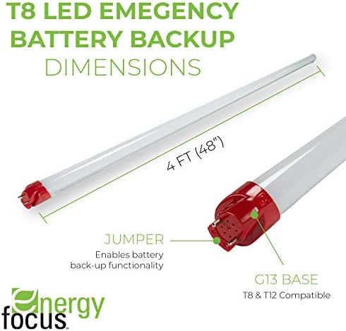 Energy Focus Redcap LED T8 Pil Yedekleme Lambası, 5000K, 11W, 4ft, Doğrudan Kablo, Tek Uçlu Güç (15'lik Kasa)