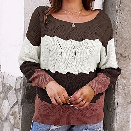 Suéter de manga larga de contraste de tejido de cable con cobertura de cuello redondo para mujer 842