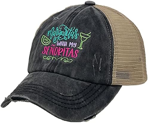 Criss Cross Şapka Bayan Beyzbol Şapkası Sıkıntılı At Kuyruğu-Senoritas'ımla Margarita-Siyah w / Bej Geri