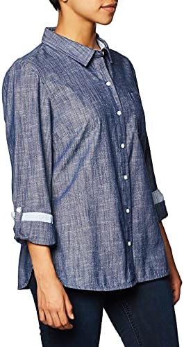 Tommy Hilfiger kadın Klasik Uzun Kollu Rulo Tab Düğme Aşağı Gömlek (Standart ve Artı Boyutu)