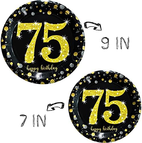 Trgowaul 75th Doğum Günü Parti Malzemeleri-Siyah ve Altın Tek Kullanımlık Kağıt Tabaklar, Peçeteler, Bardaklar, Tablecover