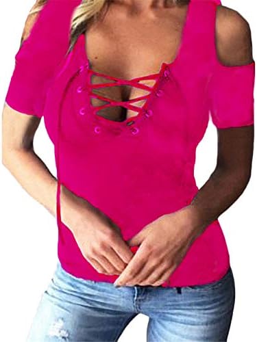 Andongnywell Kadınlar Seksi Kapalı Omuz Dantel Up Kısa Kollu T-Shirt V Boyun Bluz Ön Üst T Gömlek Tunikler