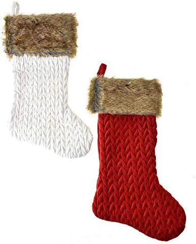 Homeford Kelepçeli Kroşe Kadife Noel Çorapları, Fildişi/Kırmızı, 20 İnç, 2 Parça