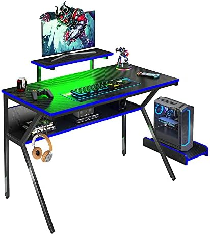 Bestier Oyun masası LED ışıkları ile 44 küçük bilgisayar masası ev ofis masası bardak tutucu ve 2 kulaklık kanca, mavi