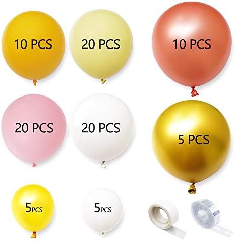 BCARICH Pastel Balonlar Kemer Çelenk, 100 adet Pembe, Sarı, Turuncu, Gül Altın, Beyaz ve Altın Organik Balonlar, Allık Gelin