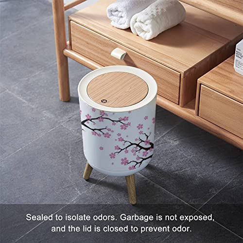 Çöp tenekesi kapaklı bir Kiraz Çiçeği Ağacı Basın Kapak Küçük çöp tenekesi Yuvarlak Ahşap Bacaklar ile atık sepeti Banyo Mutfak