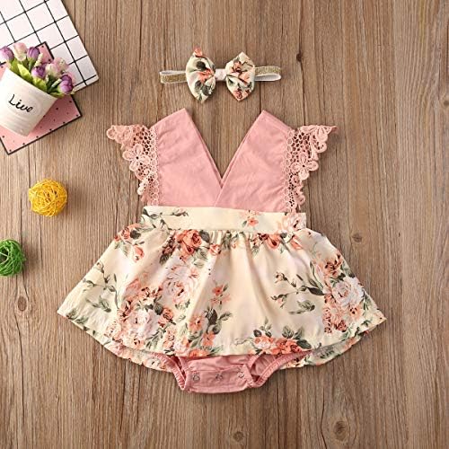 GOOCHEER Yenidoğan Bebek Bebek Kız Romper Tutu Elbise Çiçek Dantel Fırfır Kolsuz Bodysuit Tulum Bandı Yaz Kıyafetler