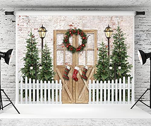 Kate 7×5ft Noel Tema Fotoğraf Backdrop Beyaz Tuğla Duvar Noel Arka Plan Kapı Stocking ile Merry Christmas Parti için Fotoğraf
