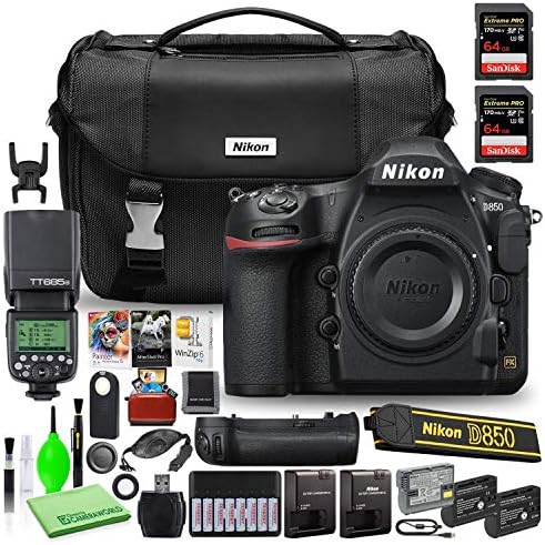 Nikon D850 DSLR Dijital Kamera Gövdesi Sadece (1585) ABD Model Paketi (2) SanDisk 64GB Extreme PRO SD Kartlar + Nikon MB-D18
