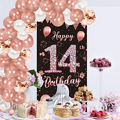14th Doğum Günü Kapı Banner & Balon Kemer Çelenk Kiti Süslemeleri Kızlar için, büyük 14 Yaşındaki Doğum Günü Partisi Kapı Kapak