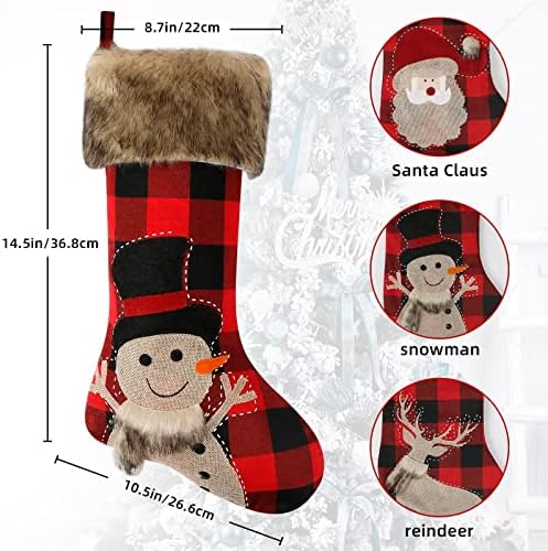 Betylifoy 3 Paket Noel Çorap ile Peluş Faux Kürk Kırmızı ve Siyah Buffalo Ekose Noel Çorap, Santa Kardan Adam Ren Geyiği Noel