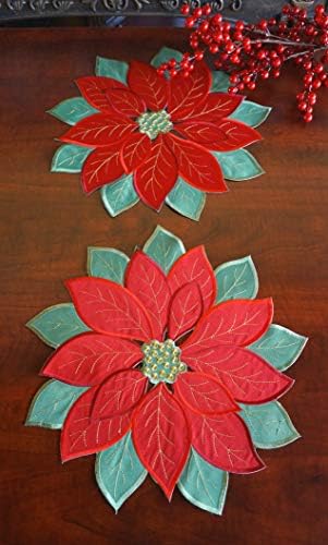Tatil Noel Placemats 4 Set, Aplike Poinsettia Kırmızı Yeşil Işlemeli Çiçek Doily ile Ev Noel Partisi Masa Üstü Dekorasyon için,