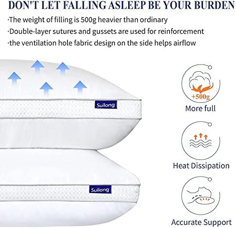 Uyku için SUİ UZUN Yatak Yastıkları 2 x 5.7 lbs Set, Yan Uyuyanlar için Hipoalerjenik Yastıklar Aşağı Alternatif, Boyun Ağrısı