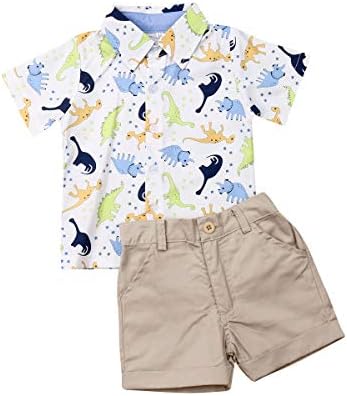 JRPONY Toddler Erkek Bebek Şort Set Dinozor Kısa Kollu Düğme Aşağı Gömlek Yaz Kıyafetler 2 adet