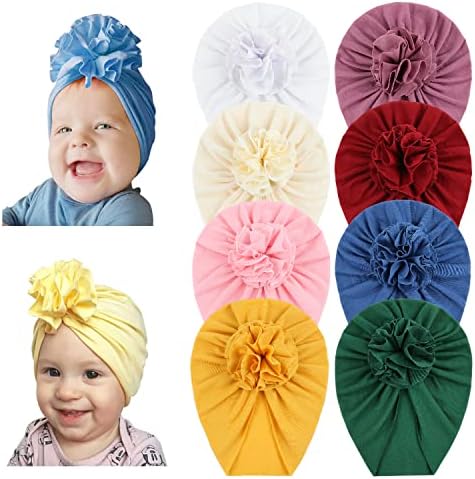 Cınacı 8 Paket Yumuşak Pamuk Katı Türban Şapka Kapaklar Beanies Headwraps ile Büyük Çiçek Yay için Bebek Kız Bebekler Toddlers