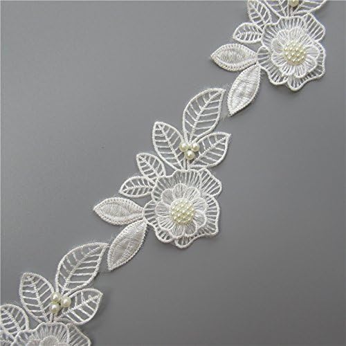 10X Beyaz İnci Boncuklu Çiçek Yaprak İşlemeli Dantel Trim Şerit Kumaş El Yapımı Dikiş Zanaat