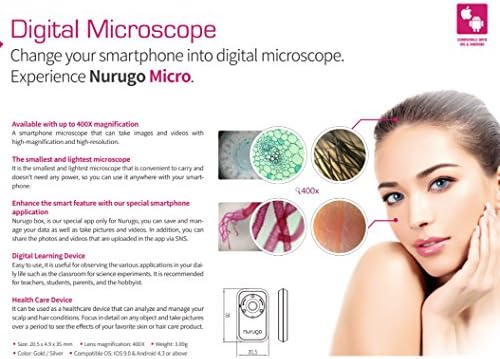 Nurugo Mikro Akıllı Telefon Mikroskobu (Altın) iPhone için Braketler Dahil 400X Büyütme-Nurugo Uygulamasıyla Medya Paylaşın