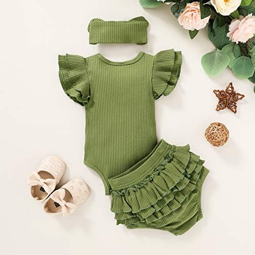 Yaz Bebek Bebek Kız Rahat Kıyafetler Düz Renk Fly Kollu Romper Üst + Fırfır Şort Nervürlü Giysi Set 0-24 M