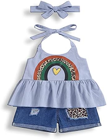 bılıson Toddler Kız Elbise Kolsuz Sling Gökkuşağı Kaşkorse Şort Kot ve Kafa Bandı Yaz Kıyafetler Set