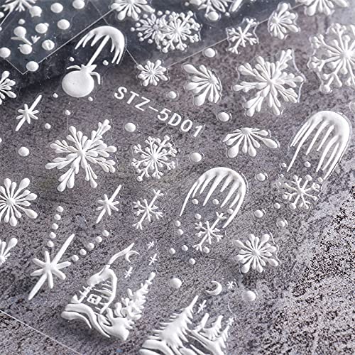 Beyaz Kar Taneleri Tırnak Çıkartmalar Noel Tırnak Çıkartmaları 5D Kazınmış Kabartmalı Tırnak Malzemeleri Çiçekler Kendinden