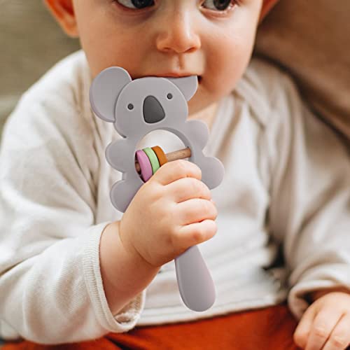 Ahşap Halka ile Bebek için 2 ADET Silikon Çıngırak Kapmak ve Spin Oyuncak Koala ve Fil Şekilli Hayvan Diş Çıkarma Oyuncak Montessori