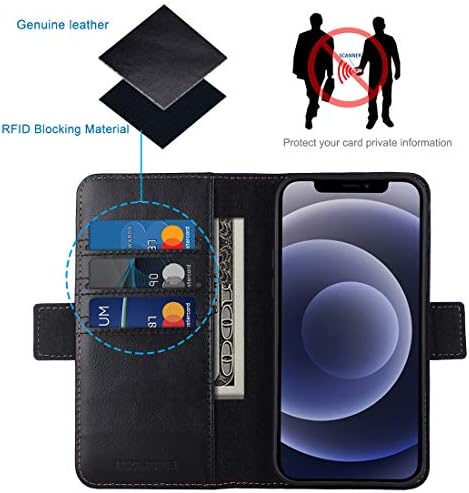 KEZiHOME Cüzdan Kılıf iPhone 12 Mini, Hakiki Deri [RFID Engelleme] Folio Kapak Çevirin Kickstand Kart Yuvaları Manyetik Telefon