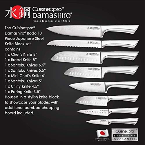 Bodo Doğrama Tahtası ile 10 Parça Bıçak Bloğu - Damashiro by Cuisine:: pro-1 Şef Bıçağı ve 1 Ekmek Bıçağı, 3 Santoku Bıçağı,